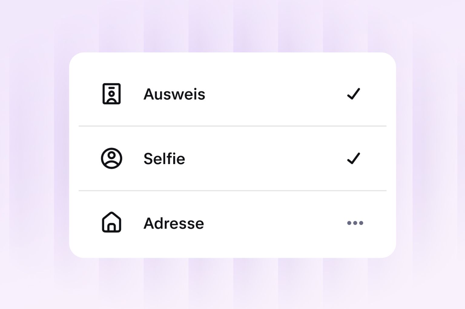 Identity verification screen showing ID, selfie and address checks