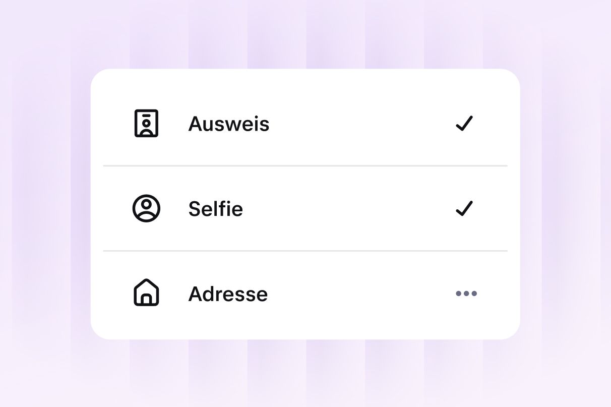 Identity verification screen showing ID, selfie and address checks