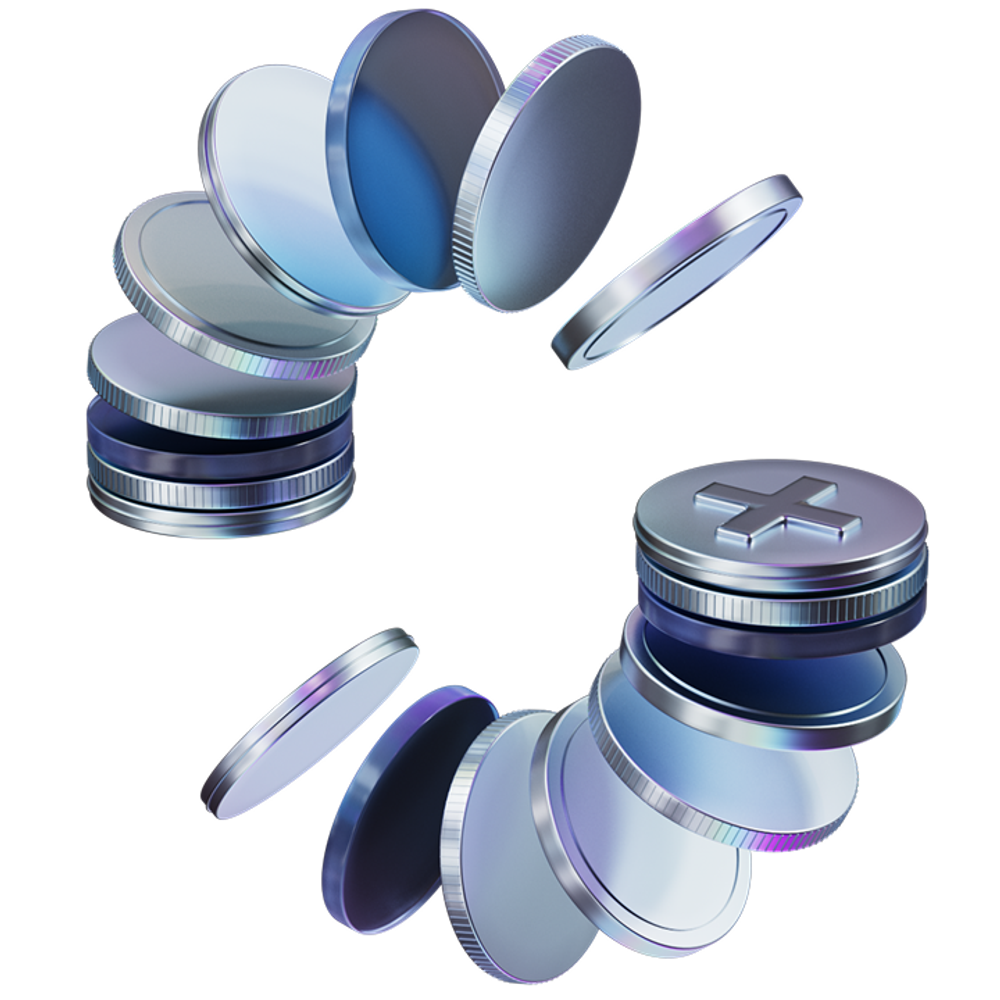 Metallic and glass figures with a plus symbol