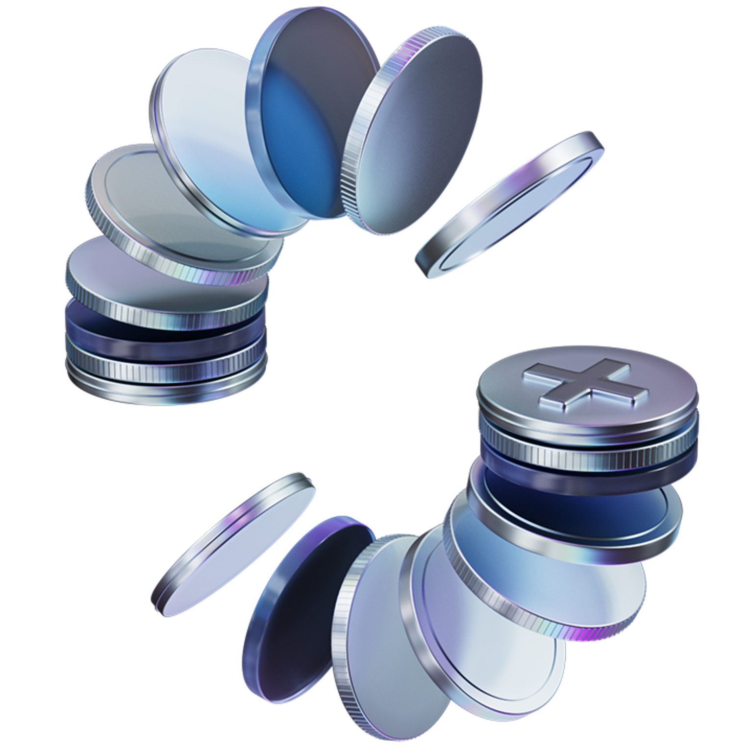 3D illustration of metallic silver/blue coins circulating, with a + on the surface