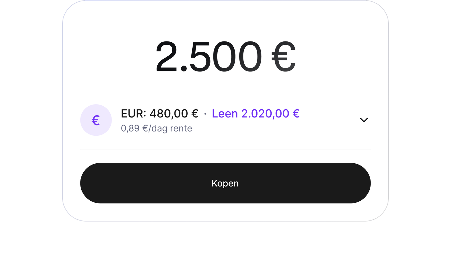 Buy screen showing a purchase funded with cash and a cryptocurrency-backed loan