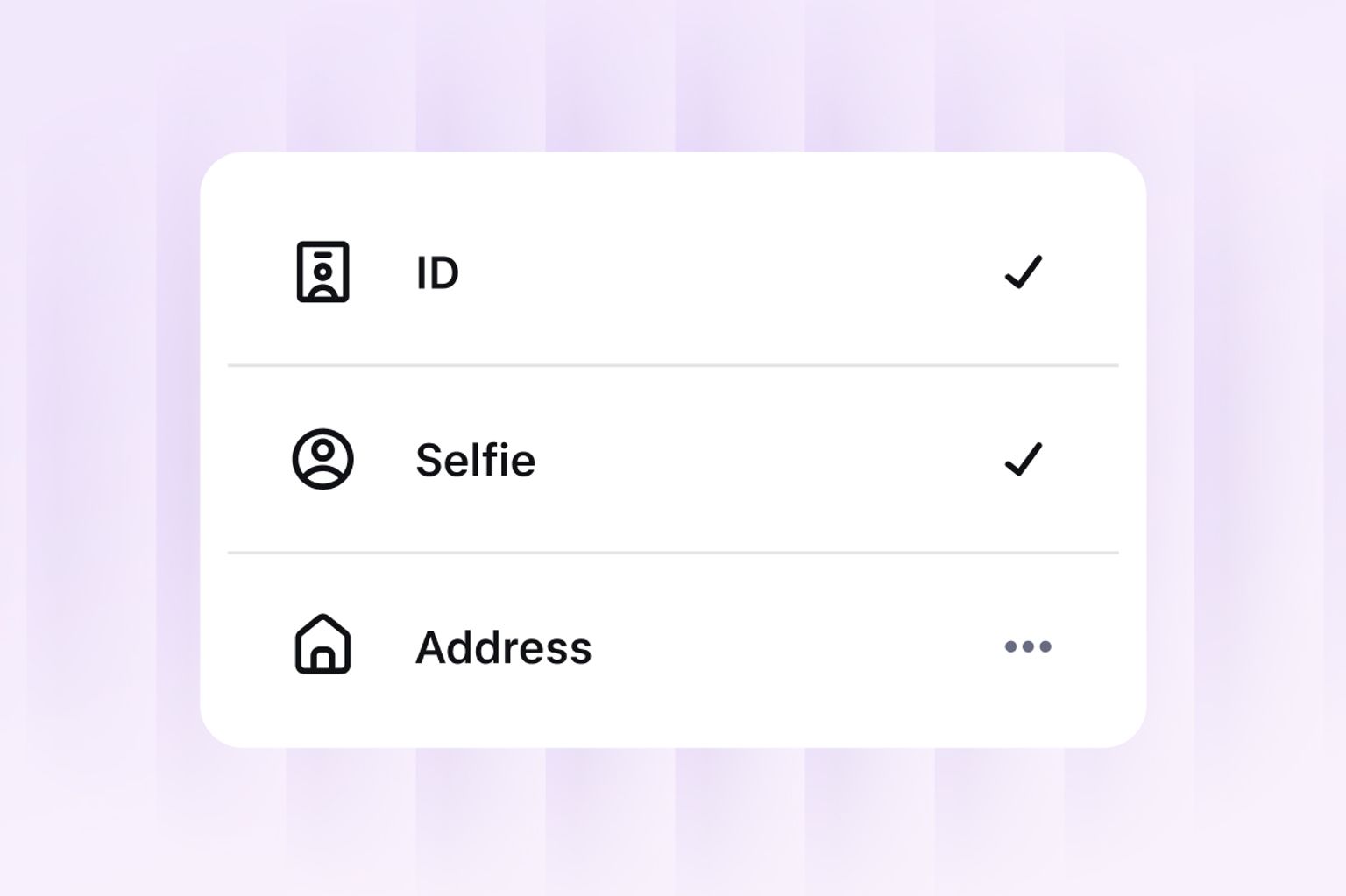 Identity verification screen showing ID, selfie and address checks