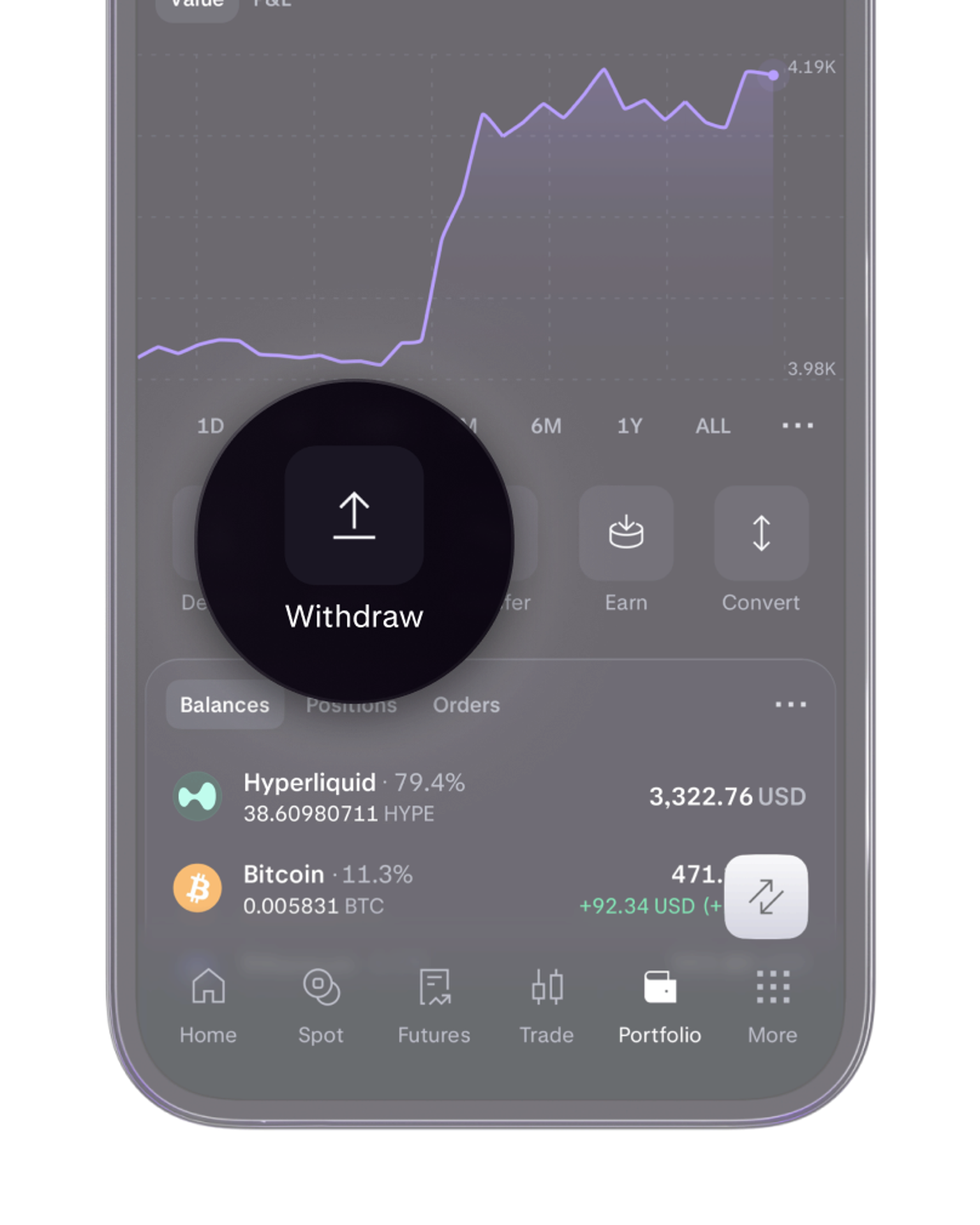 Kraken Pro showing portfolio balance and withdrawal button.