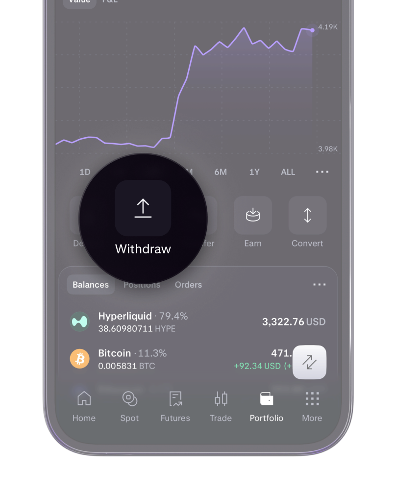 Kraken Pro showing portfolio balance and withdrawal button.