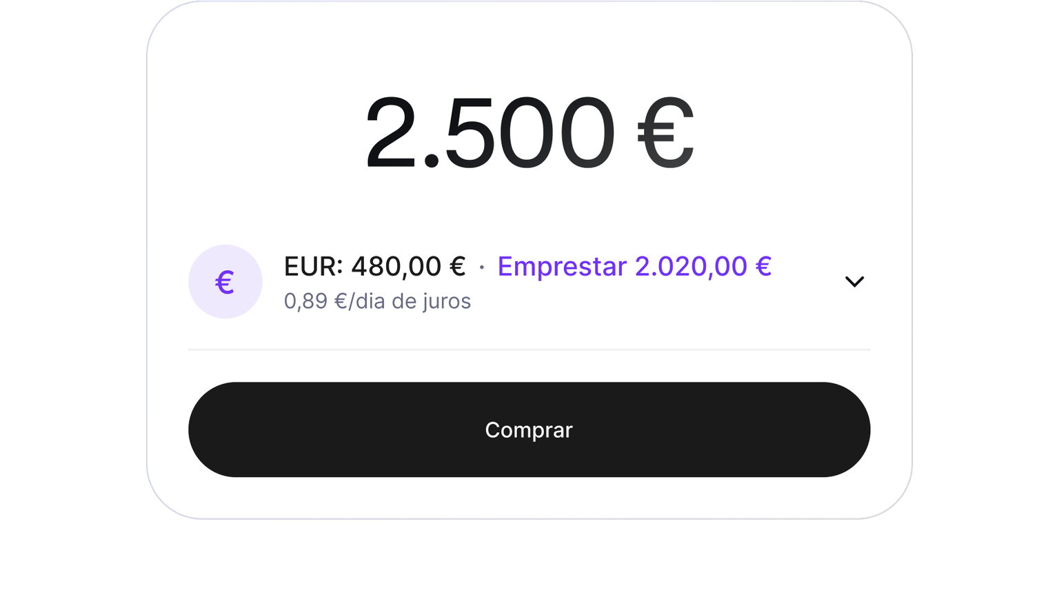 Buy screen showing a purchase funded with cash and a cryptocurrency-backed loan
