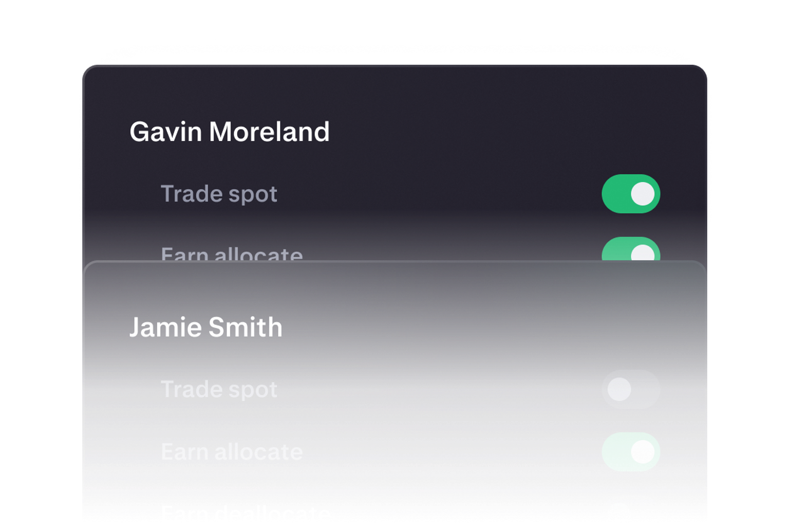 User interface showing toggle switches for trade options.