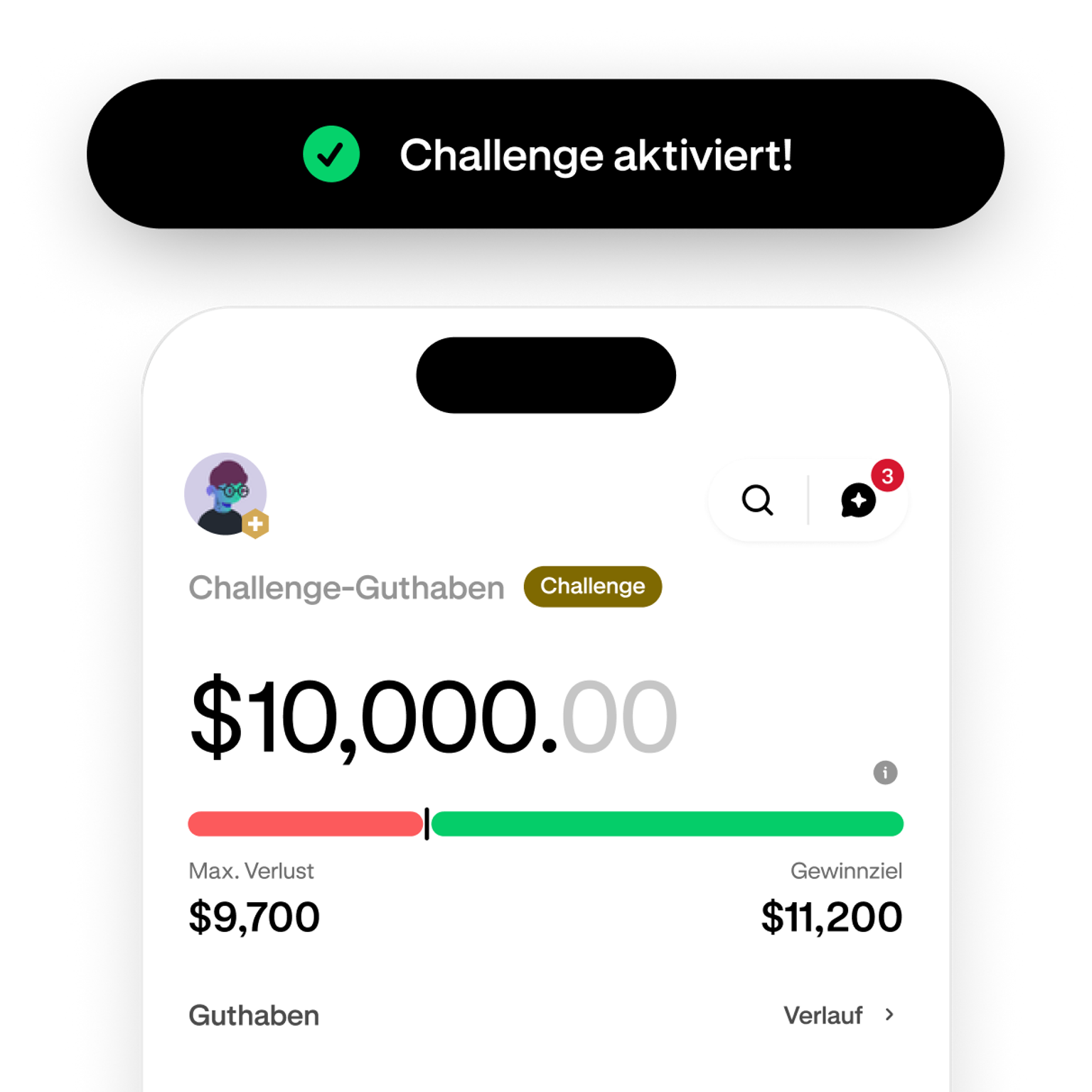 Trading challenge screen showing progress toward the profit target