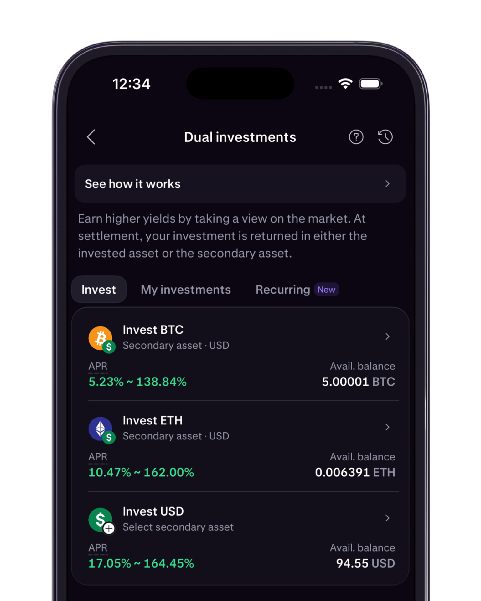 Choosing a crypto asset and investment amount on Kraken Pro