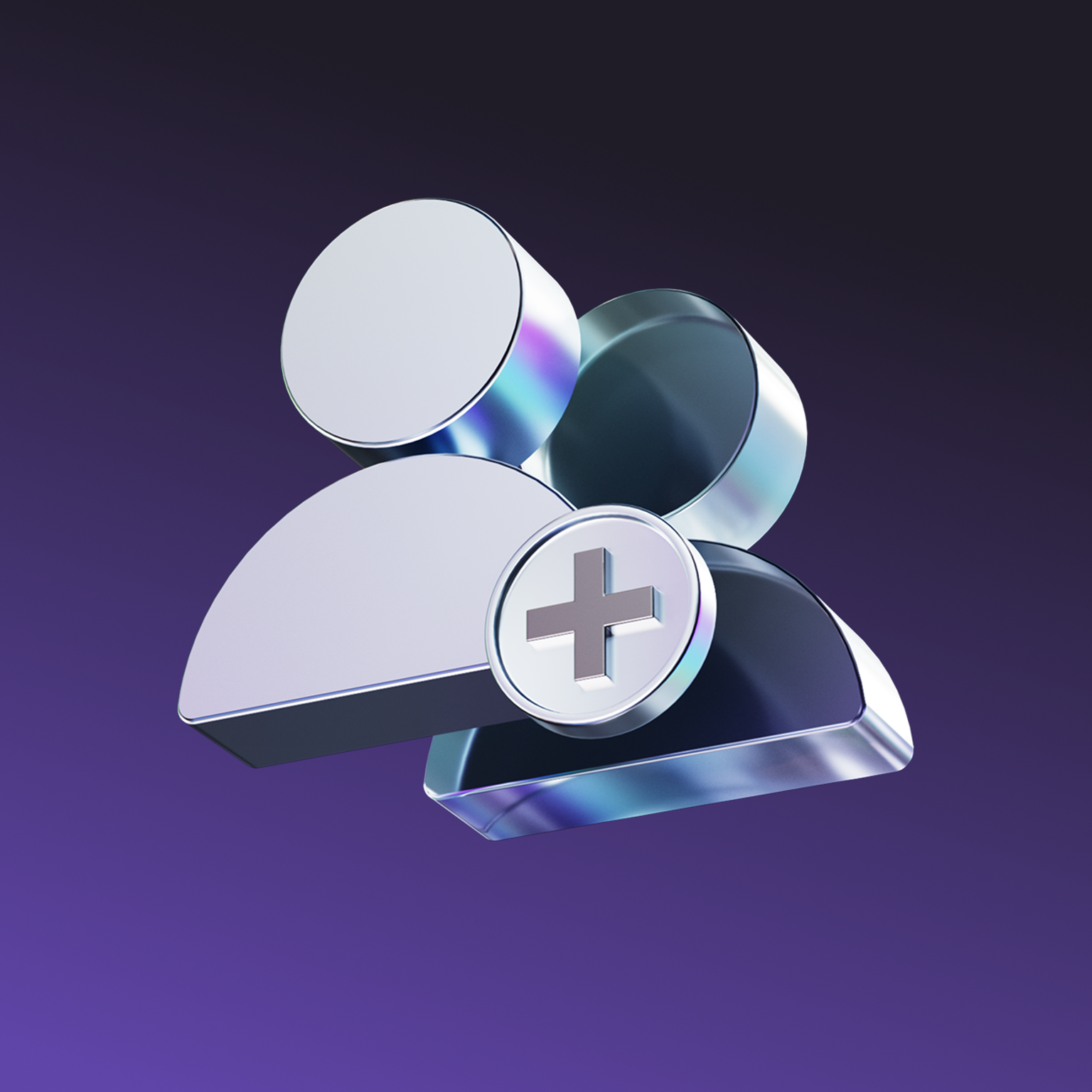 3D Illustration of two people and a plus symbol, in a metal and glass style