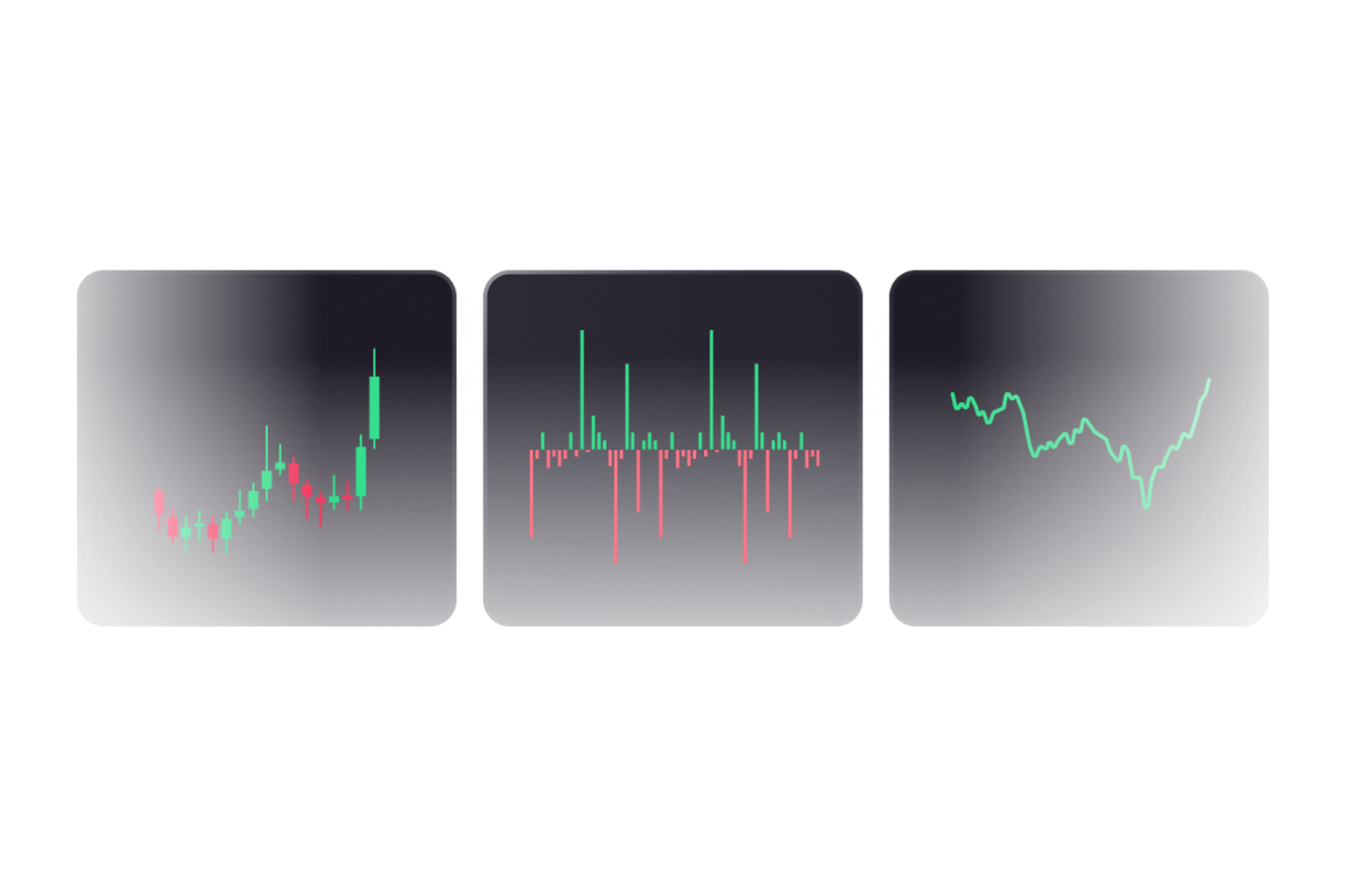 Three financial charts showing different data trends on a dark background.