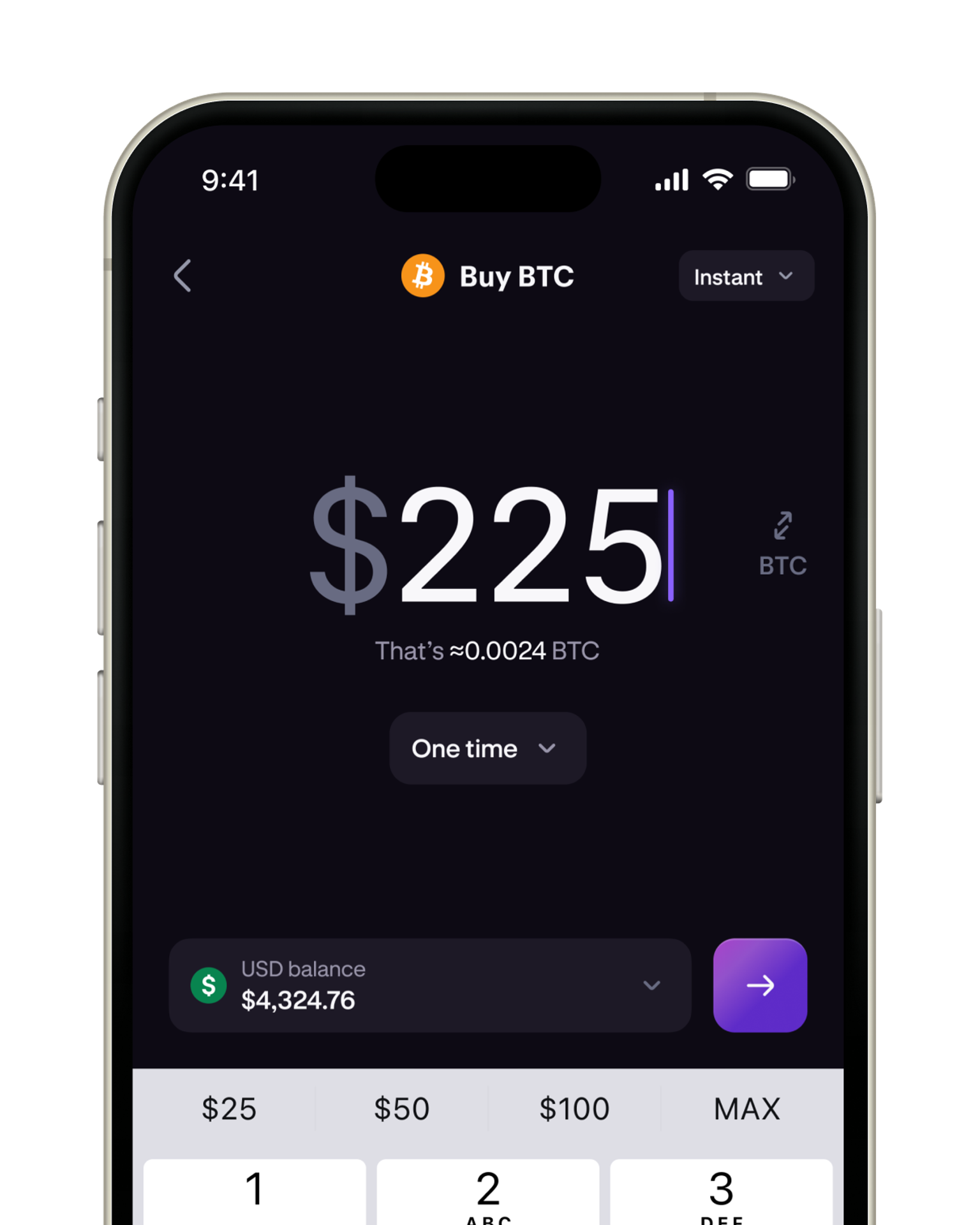 Kraken app showing a buy Bitcoin screen