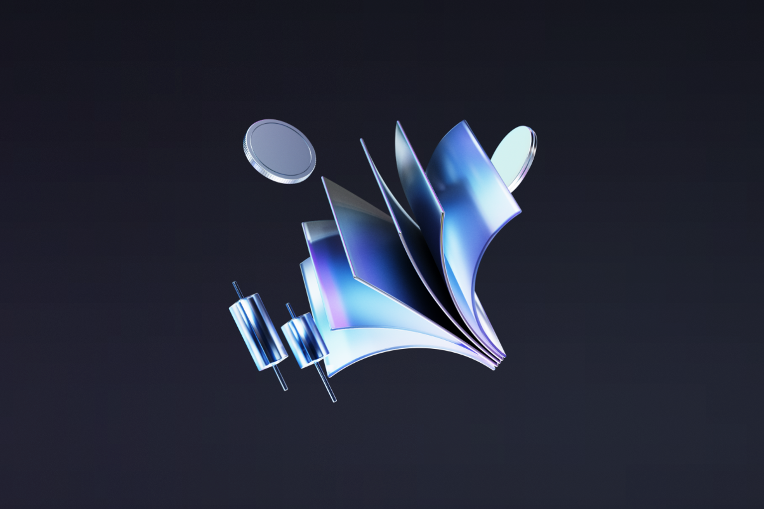 Abstract 3D shapes resembling an open book and coins on a dark background.