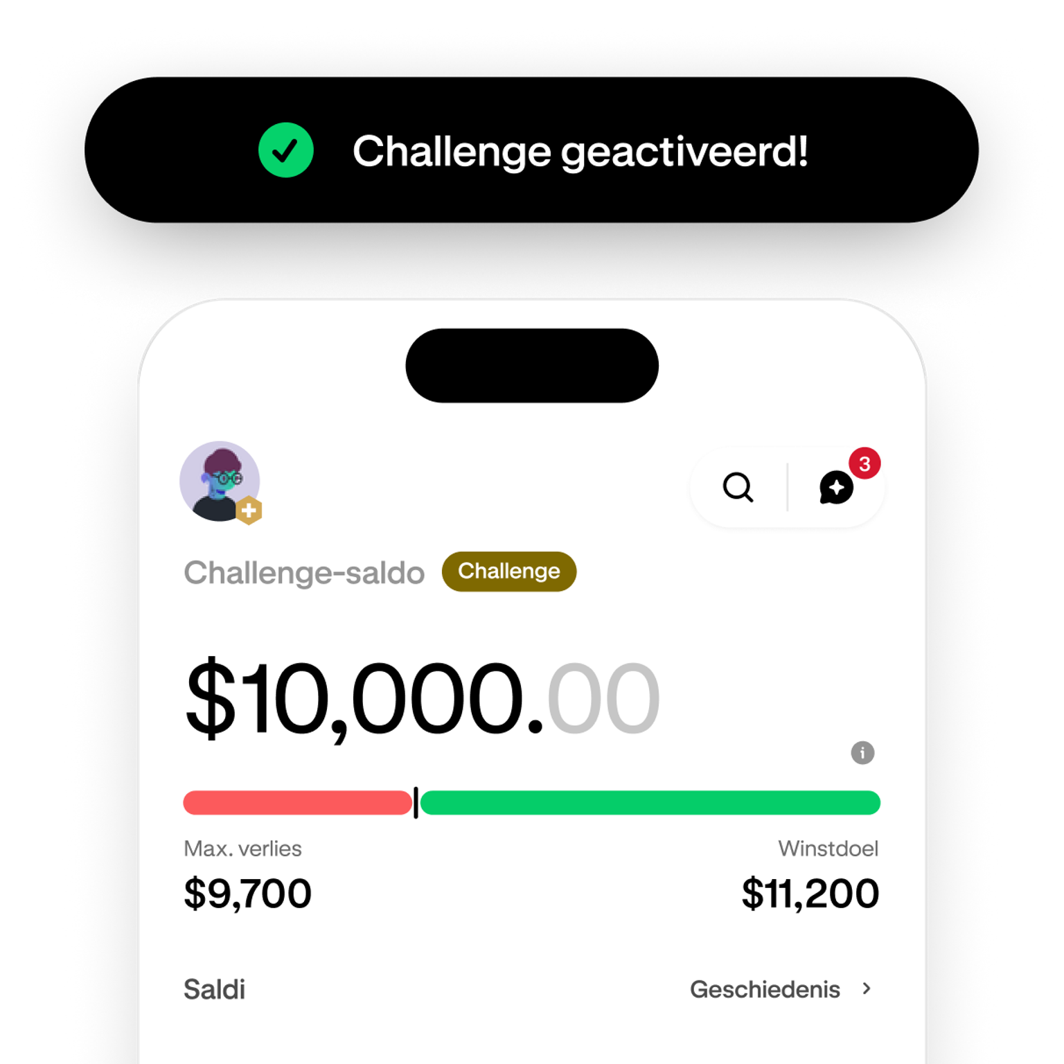 Trading challenge screen showing progress toward the profit target