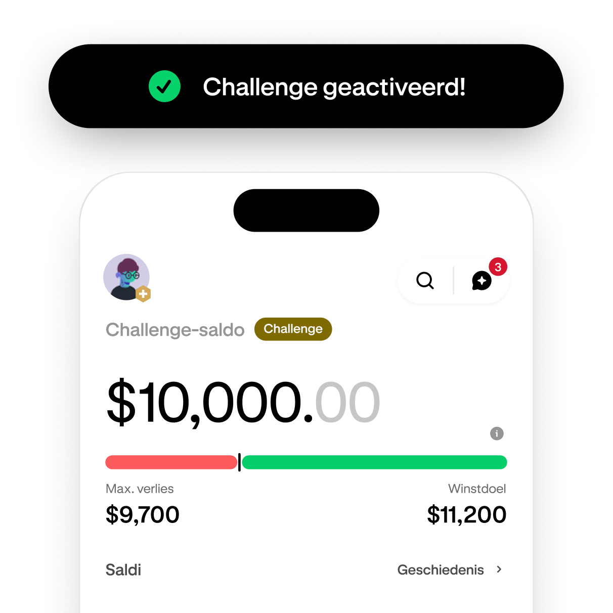 Trading challenge screen showing progress toward the profit target