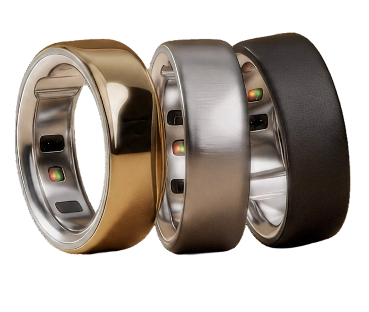 Three smart rings in gold, silver, and black, showcasing sensors.