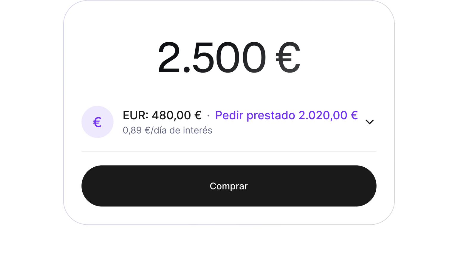 Buy screen showing a purchase funded with cash and a cryptocurrency-backed loan