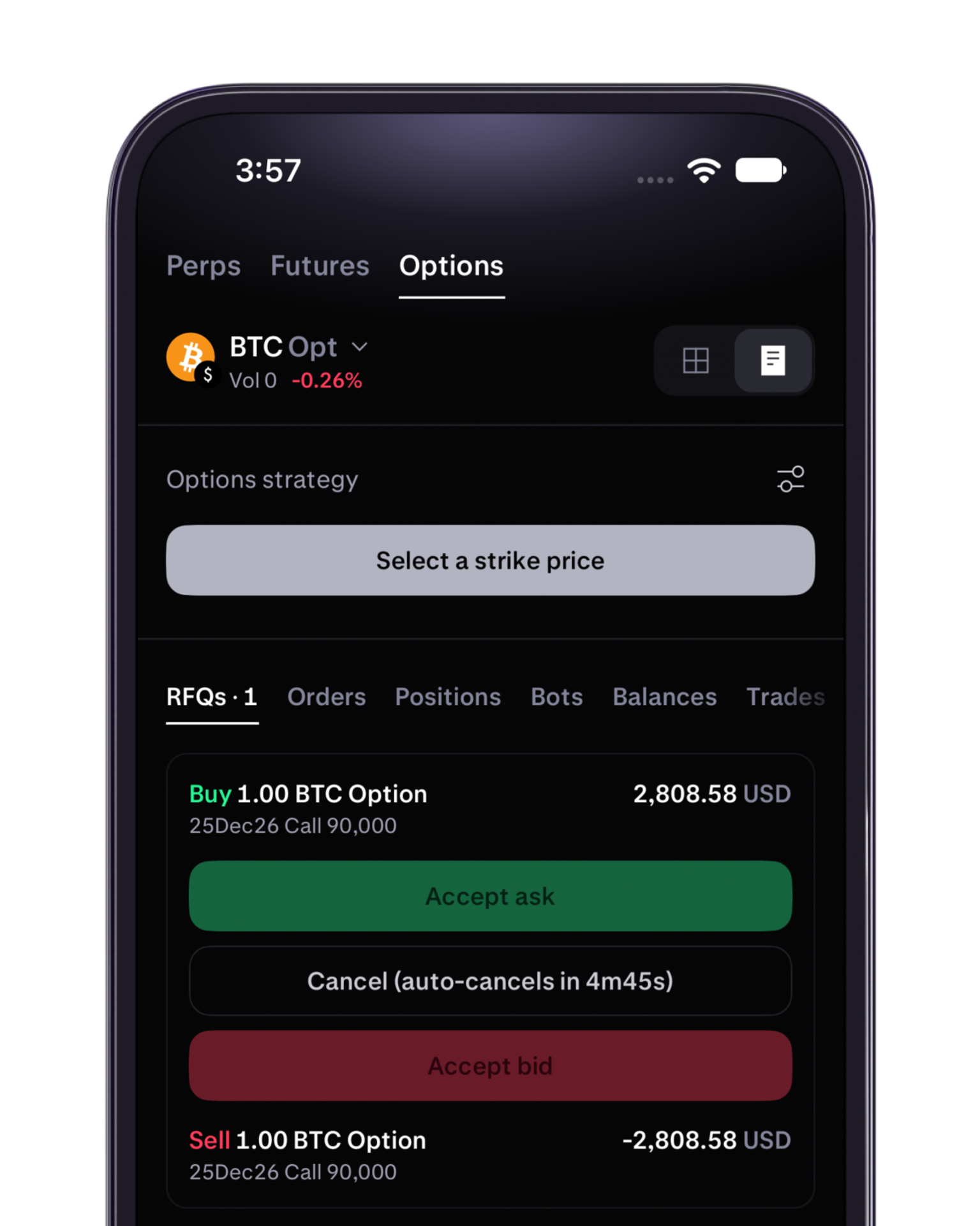 Pending RFQ request awaiting quotes on Kraken Pro
