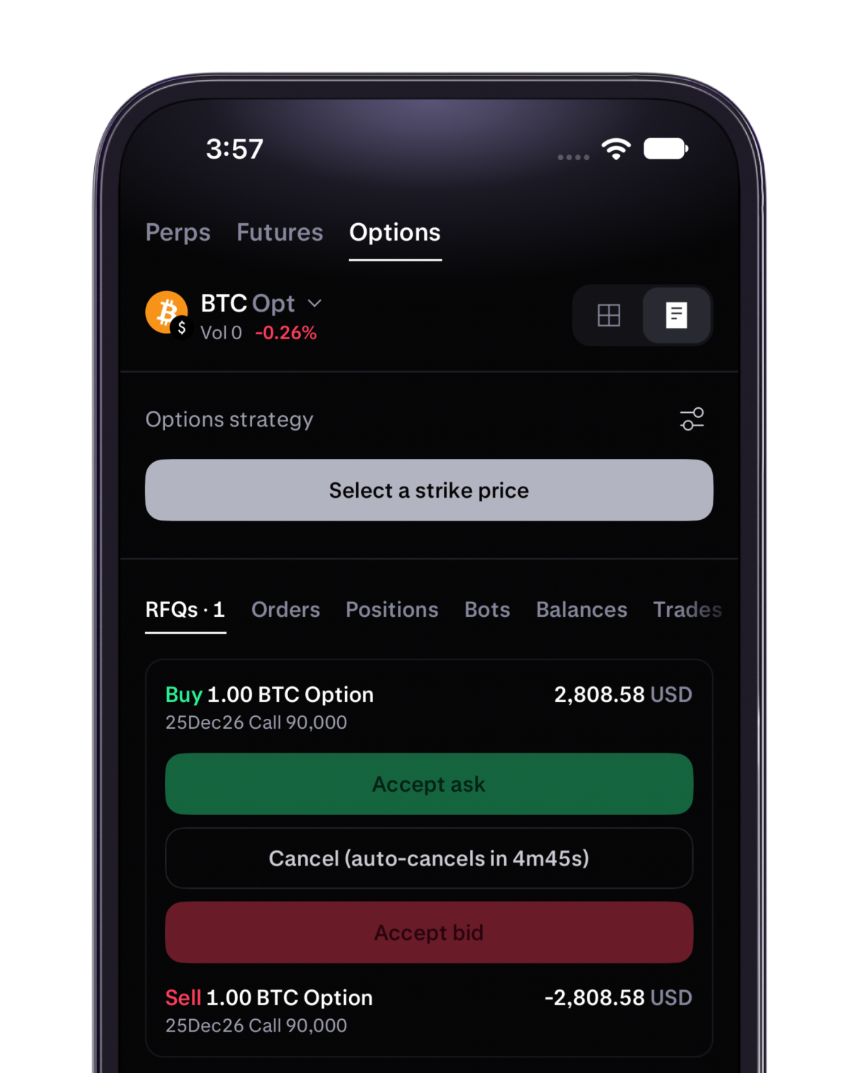 Pending RFQ request awaiting quotes on Kraken Pro