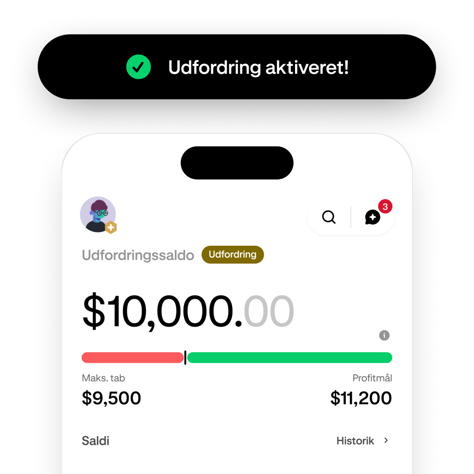 Trading challenge screen showing progress toward the profit target
