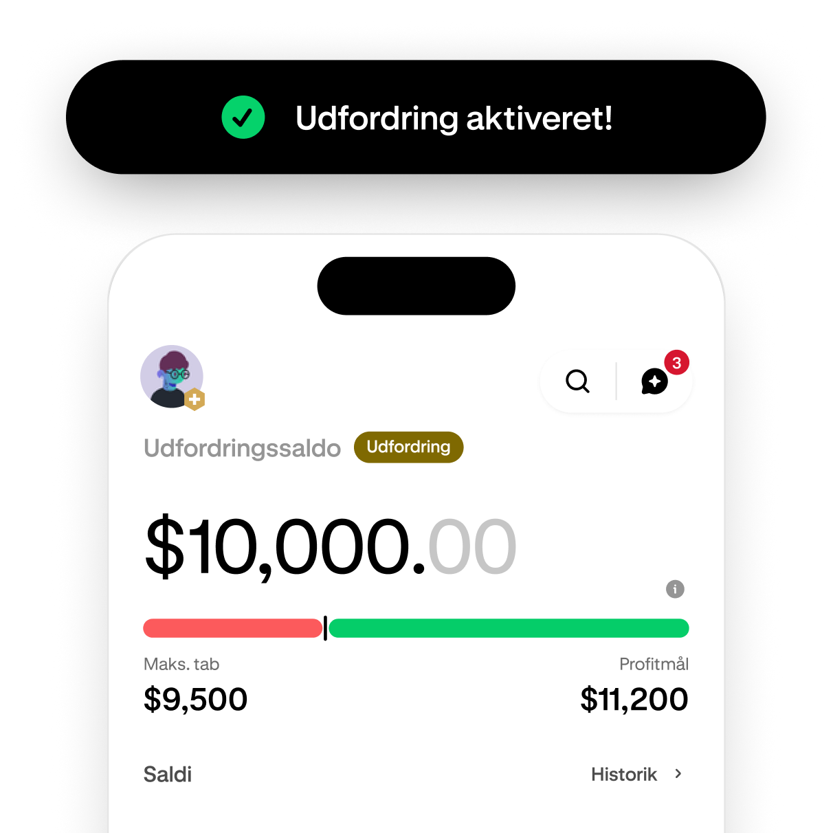 Trading challenge screen showing progress toward the profit target