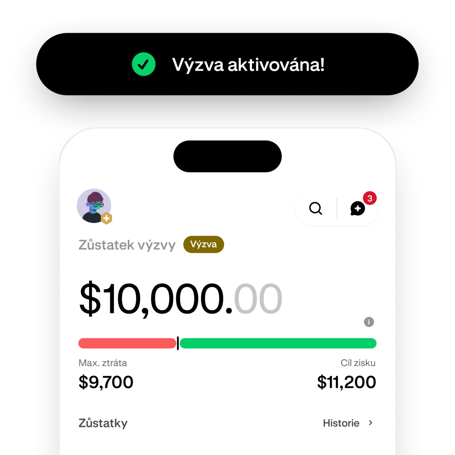 Trading challenge screen showing progress toward the profit target