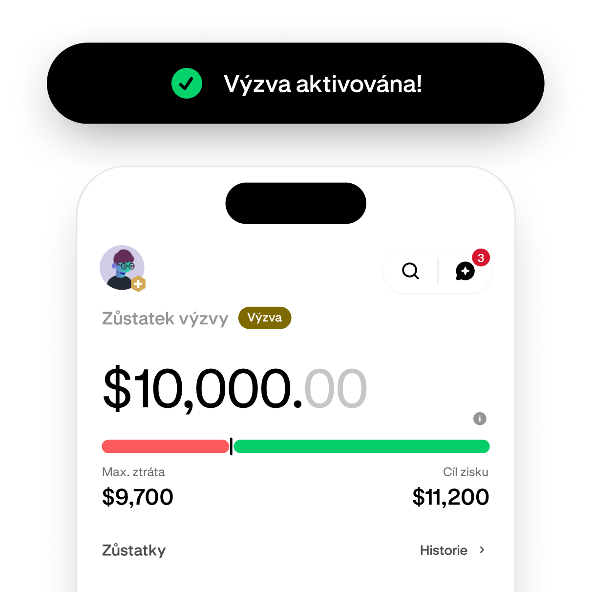 Trading challenge screen showing progress toward the profit target