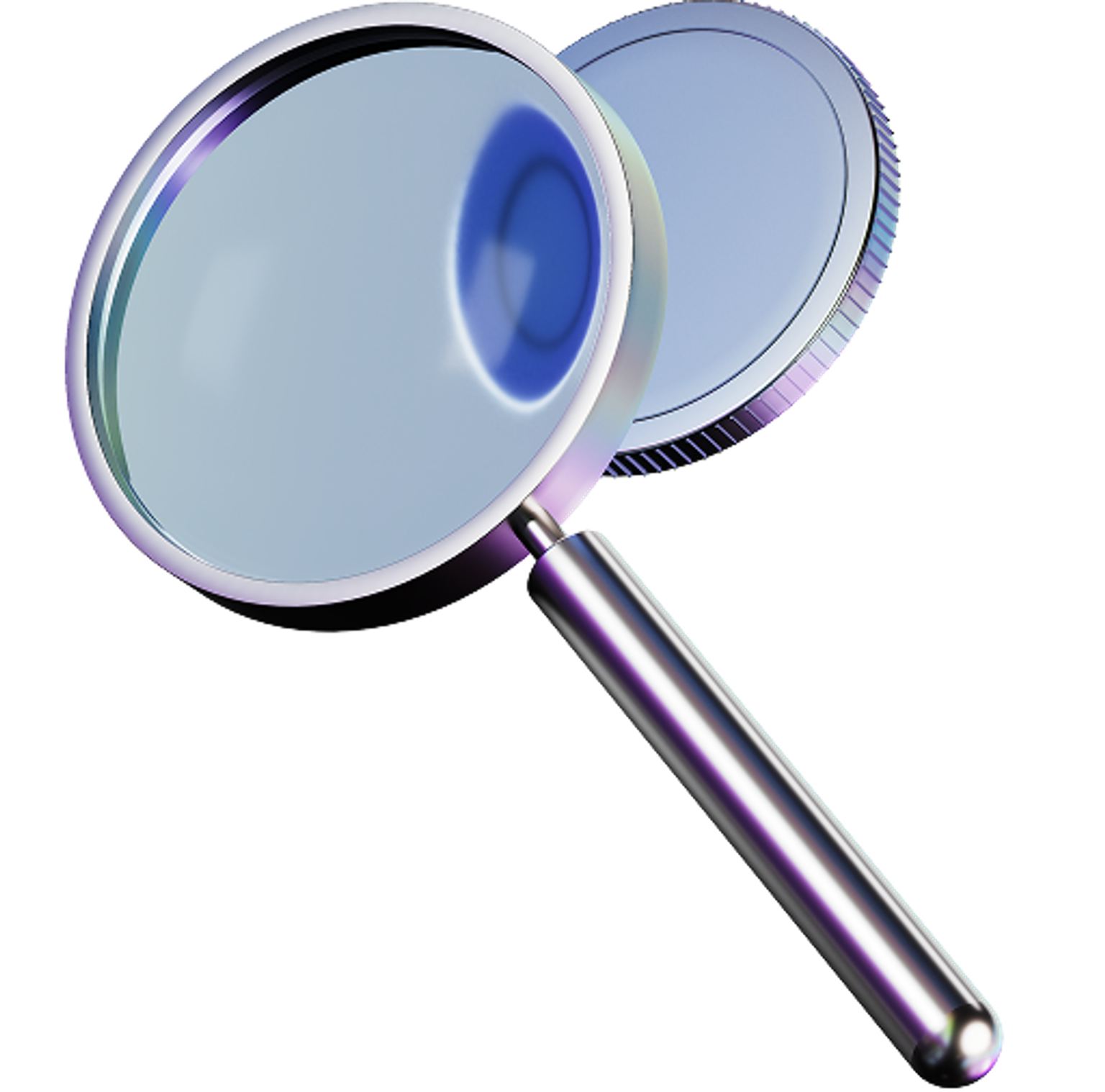 3D illustration of a magnifying glass in silver and purple metallic tones