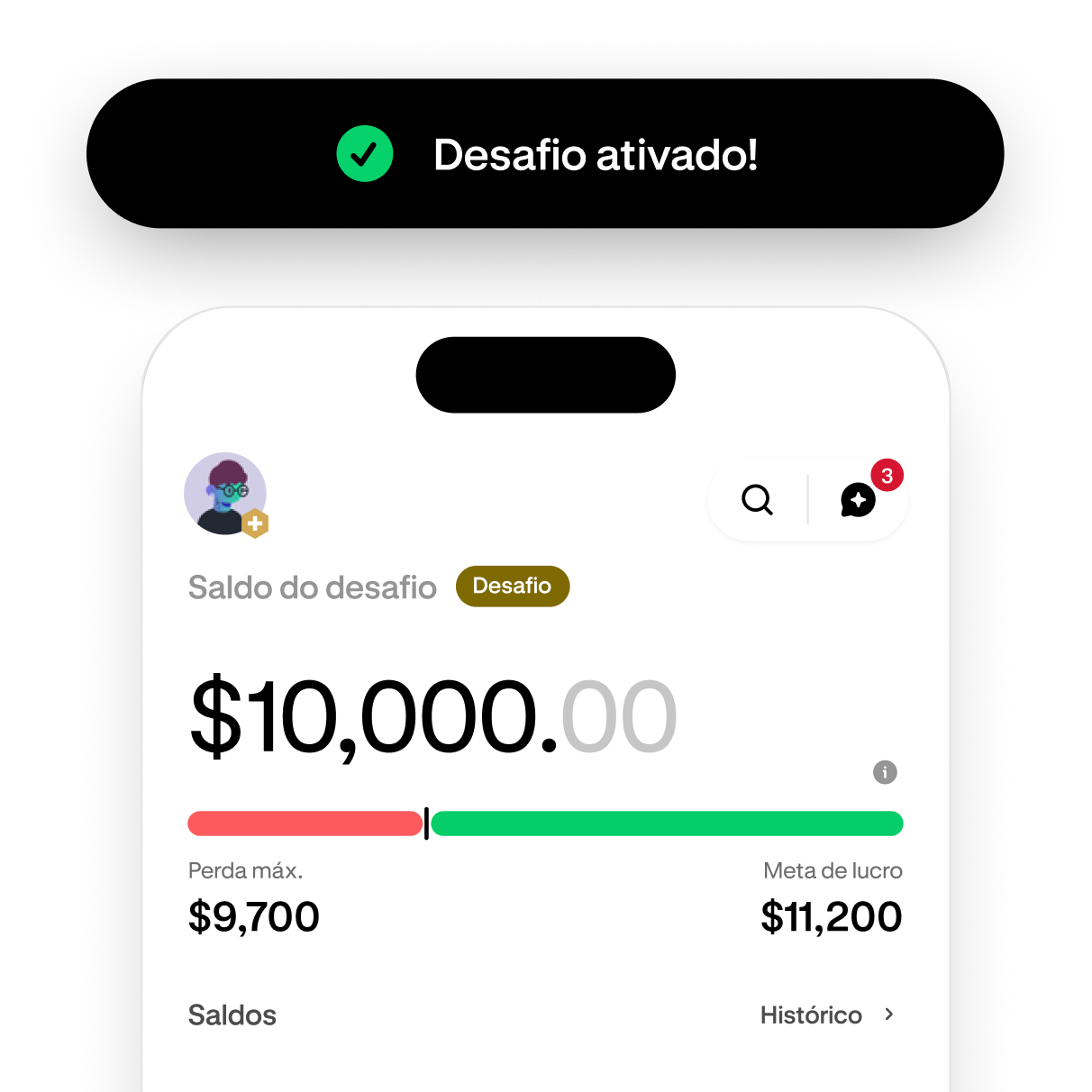 Trading challenge screen showing progress toward the profit target