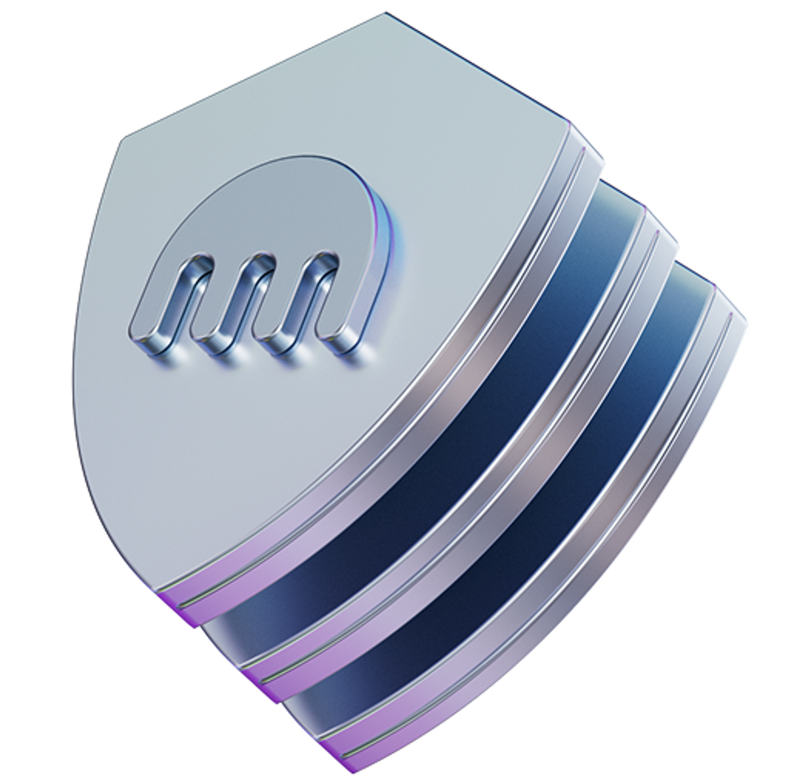 3D illustration of stacked shields bearing the kraken icon - in silver and purple metallic tones