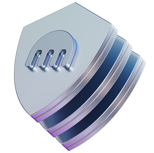3D illustration of stacked shields bearing the kraken icon - in silver and purple metallic tones