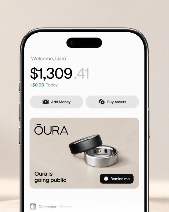 Smartphone screen showing a finance app with balance and Oura ring ad.