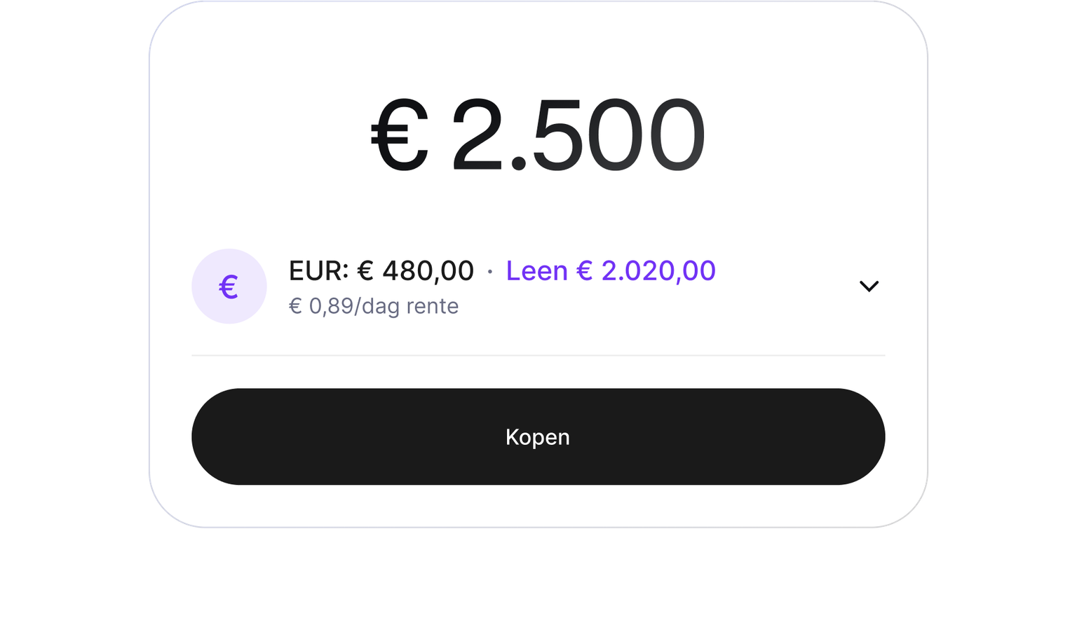 Buy screen showing a purchase funded with cash and a cryptocurrency-backed loan