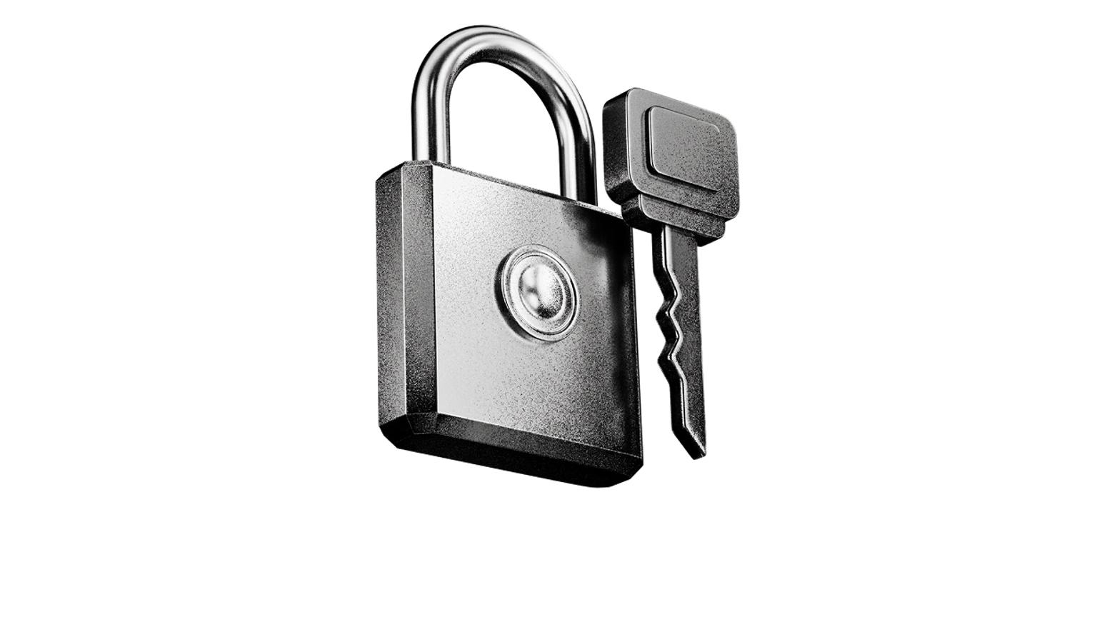 3D illustration of a lock and key in silver metallic tones