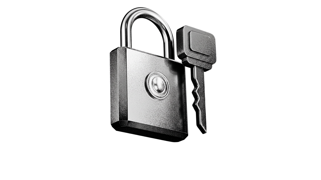 3D illustration of a lock and key in silver metallic tones