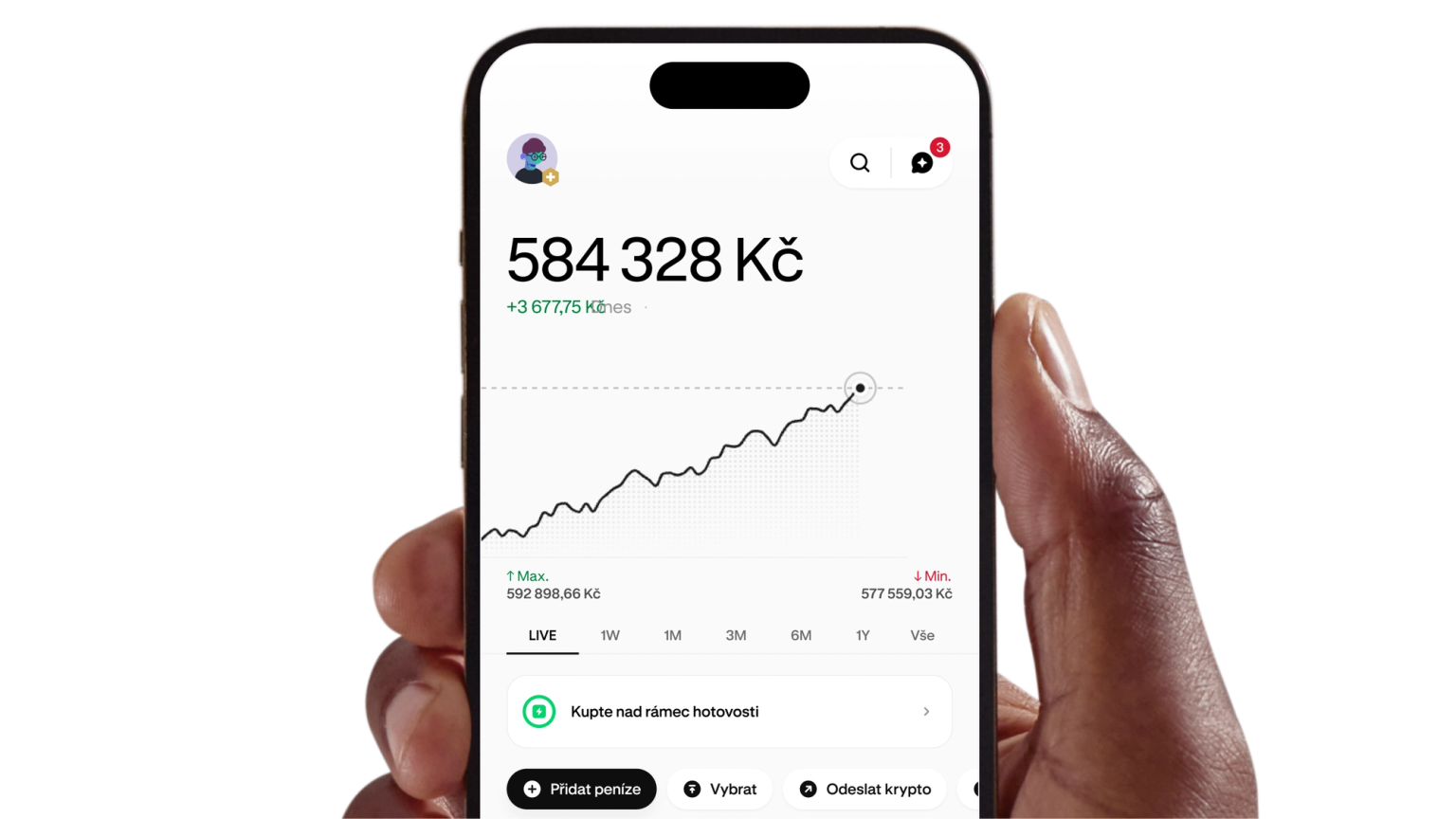 Hand holding a phone displaying the Kraken app portfolio and price chart
