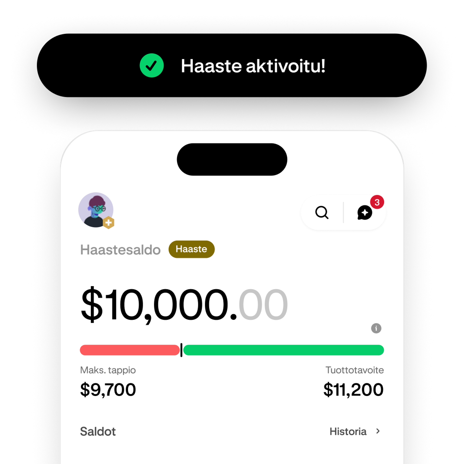 Trading challenge screen showing progress toward the profit target