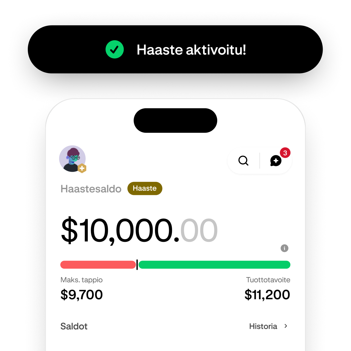 Trading challenge screen showing progress toward the profit target