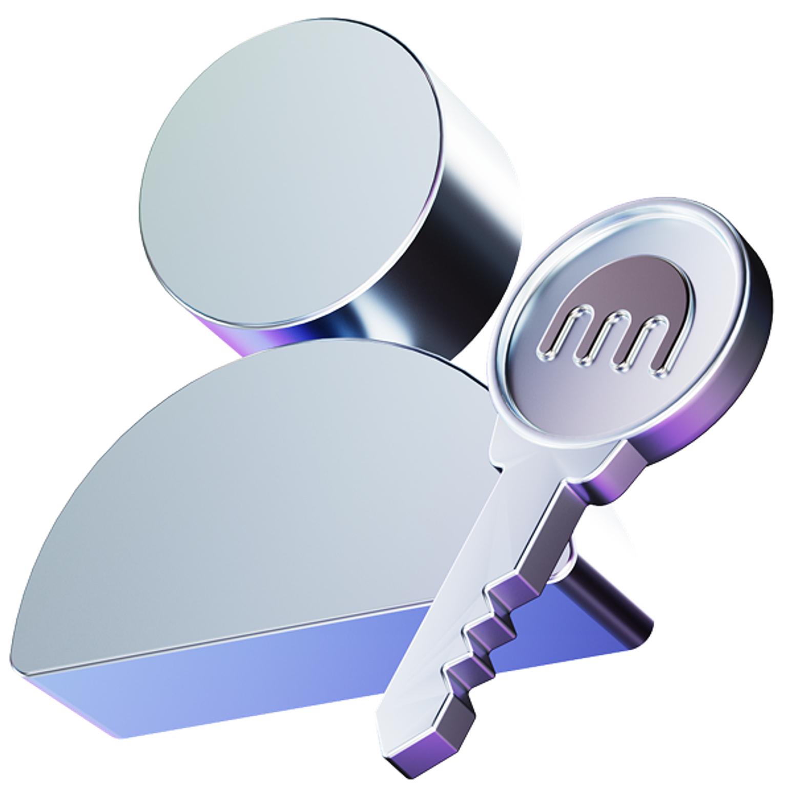 3D illustration of a user icon with passkey in silver and purple metallic tones