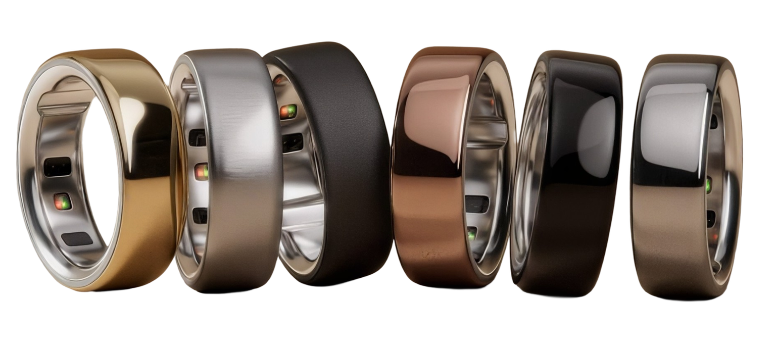 Six smart rings in various metallic colors displayed in a row.