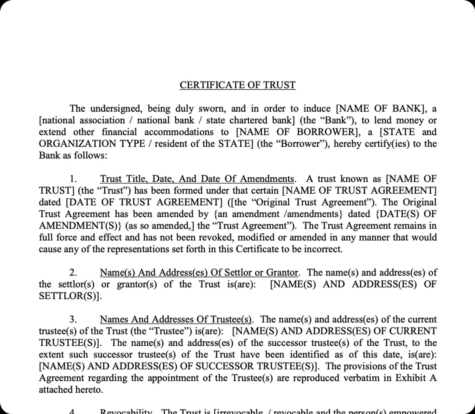 Example of a trust agreement or certificate of trust document