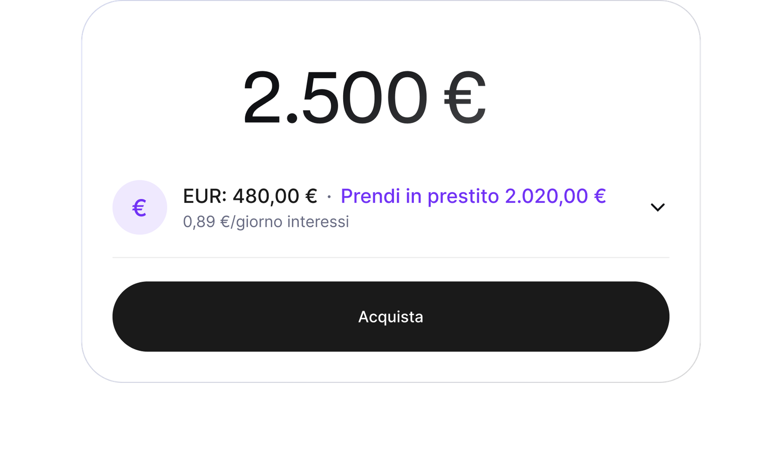 Buy screen showing a purchase funded with cash and a cryptocurrency-backed loan