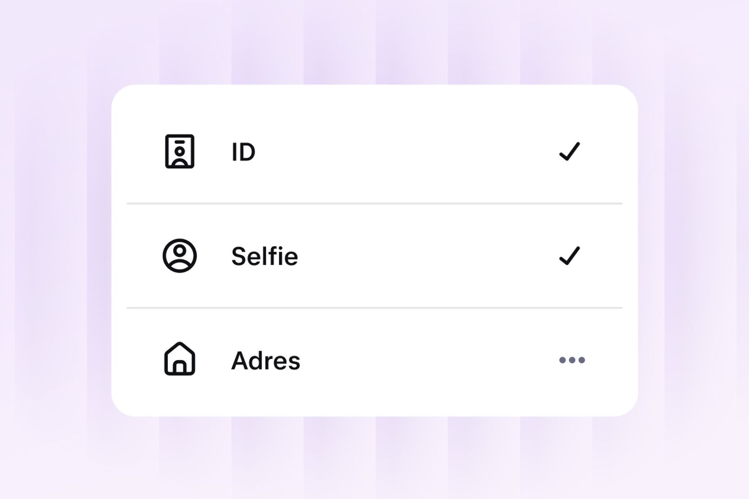 Identity verification screen showing ID, selfie and address checks