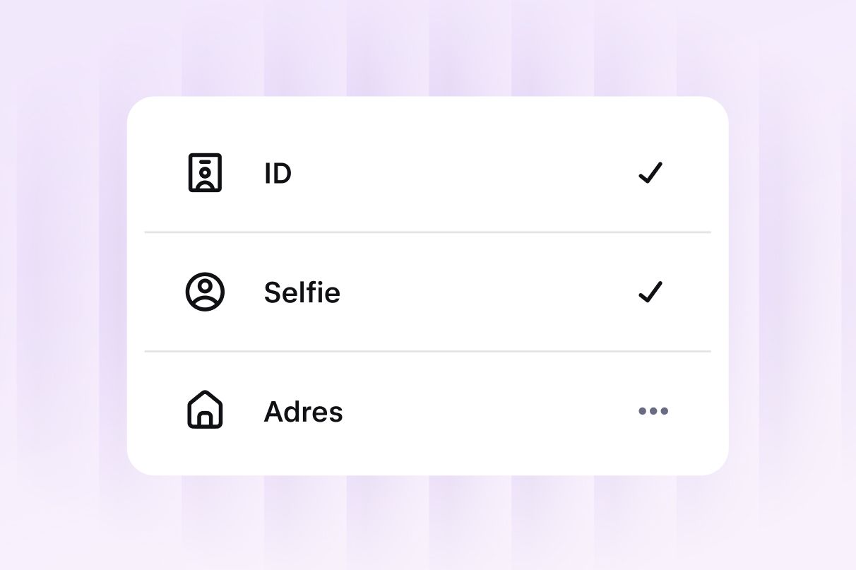Identity verification screen showing ID, selfie and address checks