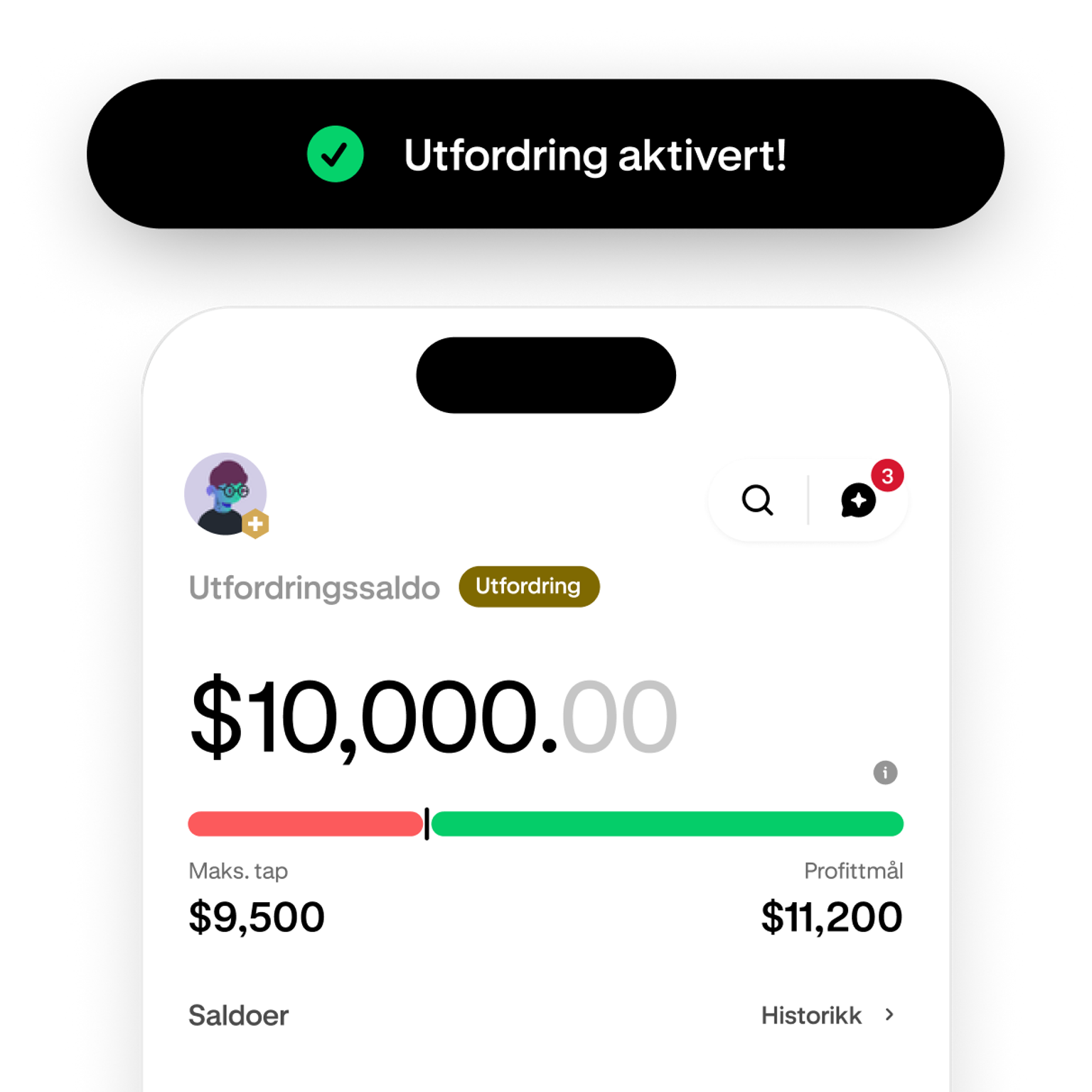Trading challenge screen showing progress toward the profit target