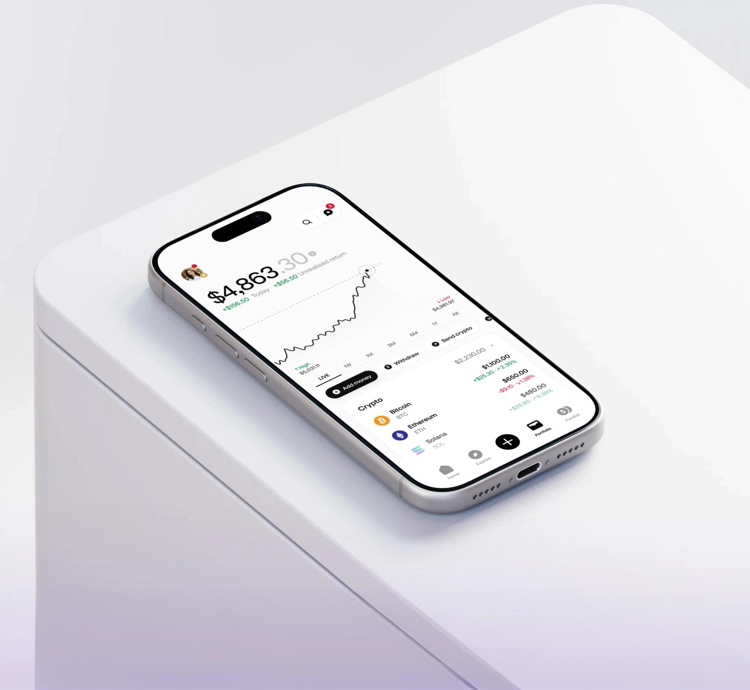 Phone displaying the Kraken app portfolio and market performance
