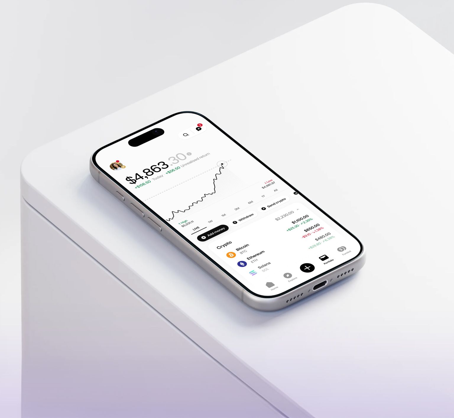 Phone displaying the Kraken app portfolio and market performance