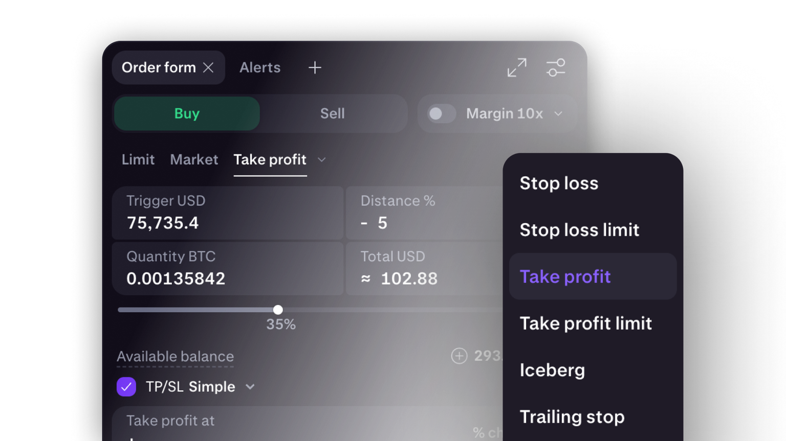 Cryptocurrency trading interface with order form and options menu.