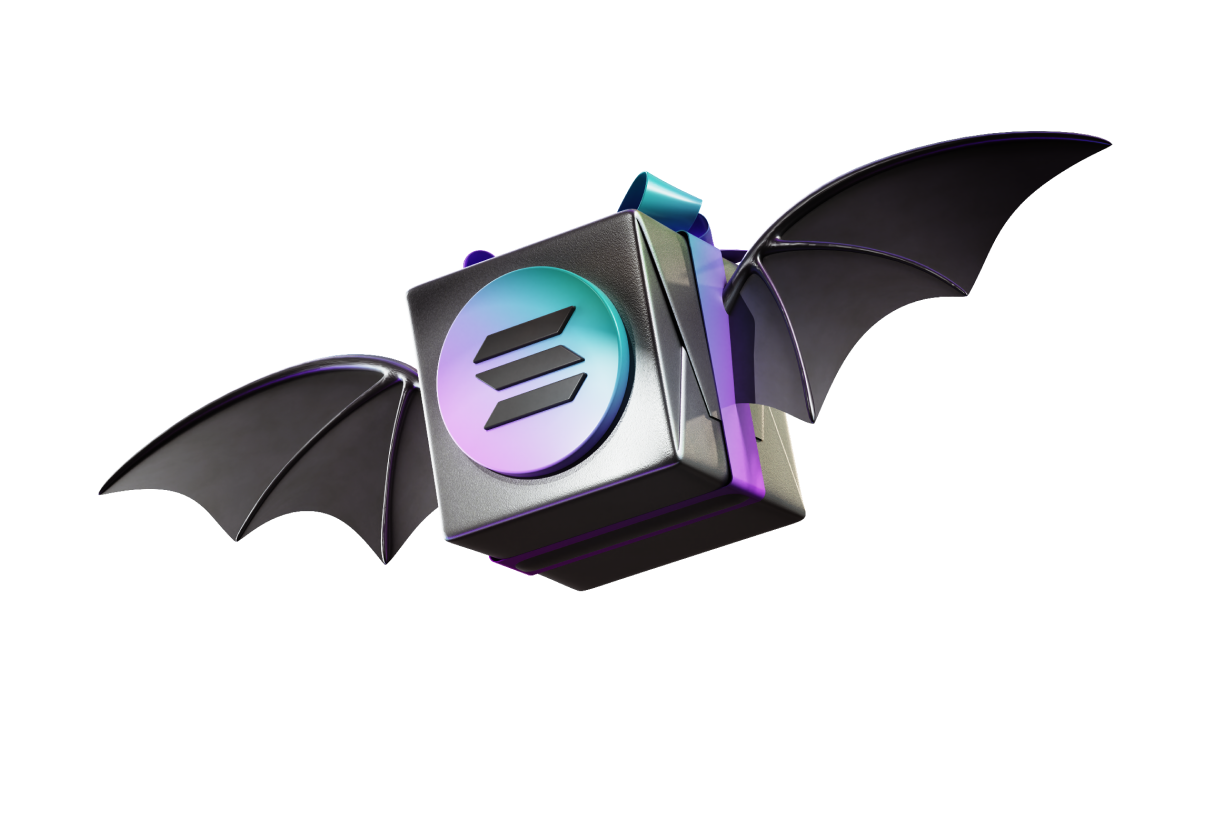 Flying cube with Solana logo and bat wings