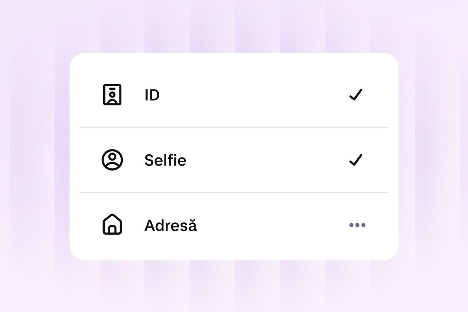 Identity verification screen showing ID, selfie and address checks