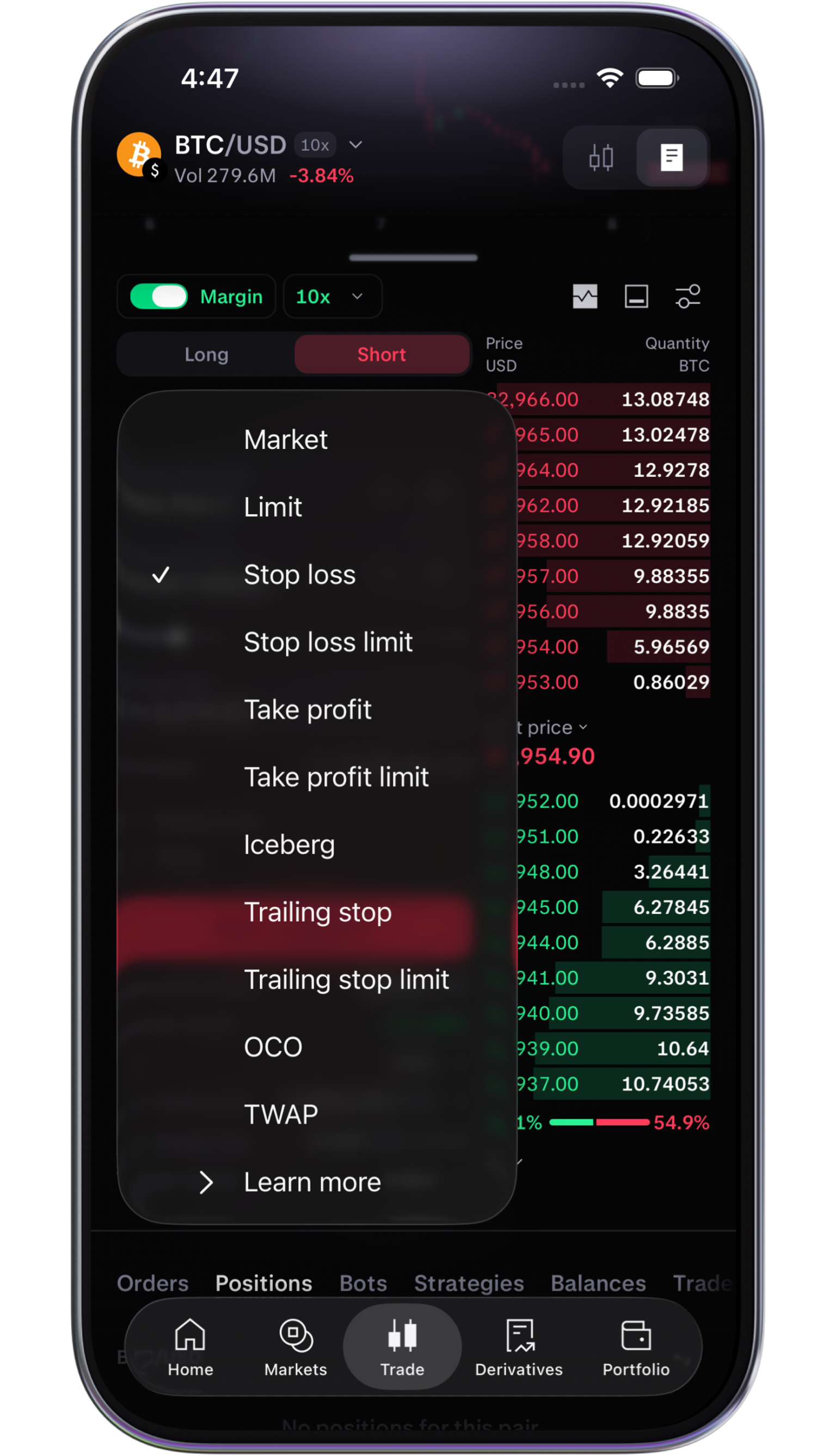 Set stop loss limit in app
